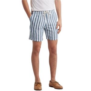 Alex Crane Men’s 100% French Linen in “Big Wave” Striped Blue/White Shorts 6” M